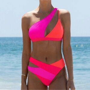 Popvil Neon Pink Colorblock Bikini Set M One Shoulder Cutout Swim